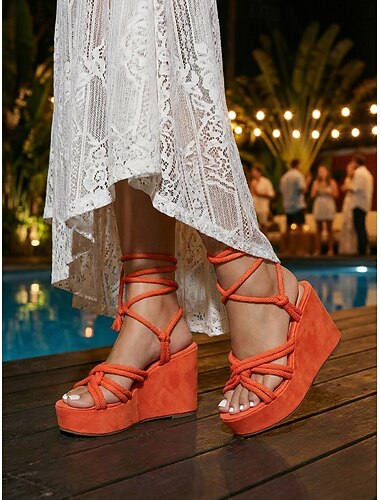  sandales à plateforme à lacets en corde orange pour femmes – talons compensés bohèmes pour la plage d'été et les festivals
