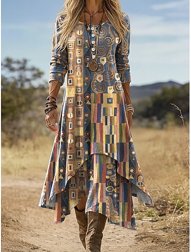  Damen Midi Kleid Boho Shift Kleid Urlaub Lässig Täglich Feiertag Reguläre Passform Grafisch Geometrisch Langarm Rundhals V-Ausschnitt Schwarz Rot Orange Dunkelblau Sommer Frühling Herbst