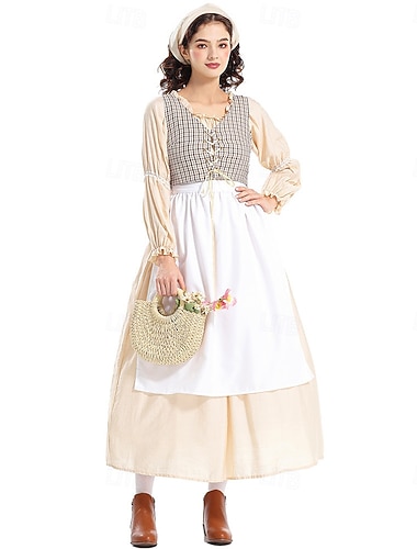  250e anniversaire des États-Unis 19ème siècle années 1800 Robe Prairie Ensemble bonnet et tablier Manches longues Fille pionnière Epoque Coloniale Pionnier Guerre d'indépendance américaine Déguisement