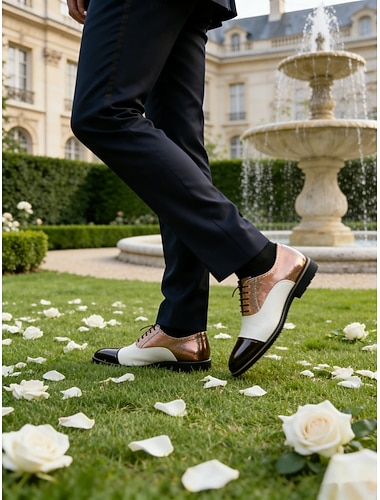 herenschoenen in twee kleuren in brons en crème met vetersluiting, stijlvolle neus voor elegante formele gelegenheden