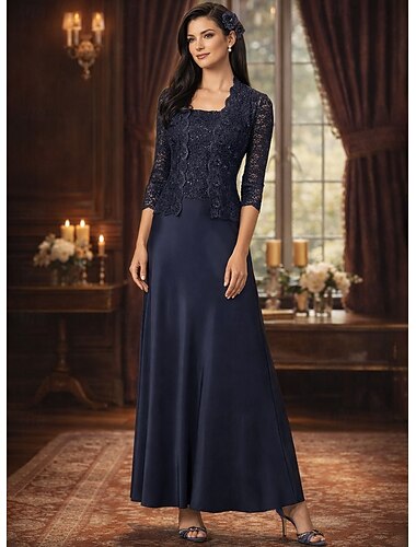  A-linje 3 -delad kostym Golvlång Bröllopsgästklänning Klänning till brudens mor 3/4 ärm Fyrkantig hals Elegant Enkel Lyxig Formell Bröllopsgäst Satäng Spets med Spets Paljett