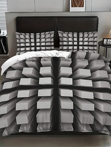  3D-s geometrikus nyomtatású paplanhuzat-garnitúra, 3 darabos, hotel stílusú ágyneműhuzat-garnitúra, queen méretű, tartalmaz 1 paplanhuzatot és 2 párnahuzatot, puha, rövid bársony anyagból, paplan
