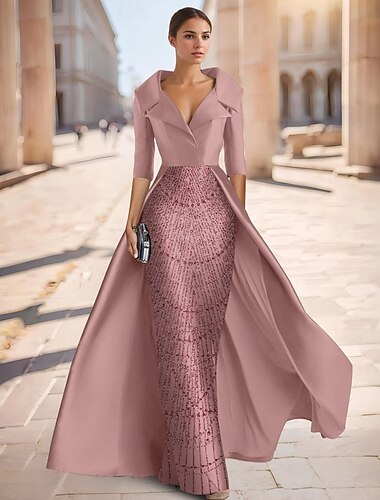  Linha A Longo Bordado com miçangas Vestido formal Vestido para a mãe da noiva Vestidos de noite Vestido de baile com sobressaia Vestido formal Elegante Sedoso Meia Manga Colarinho de Camisa Casamento
