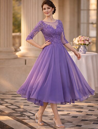  Ligne A Longueur thé Robe de Soirée Robe de Cocktail Robe d'invité de mariage Robe de Mère de Mariée  Demi Manches Bijoux Élégant robe demoiselle d honneur Fête de fiançailles Chiffon Tulle avec