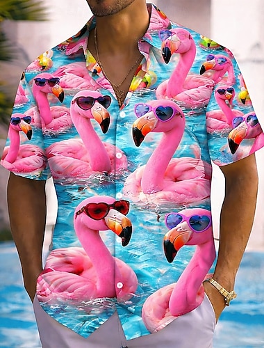 男性用 フラミンゴ ゴム製のアヒル アロハシャツ ボタンアップシャツ 半袖 ハワイアン バケーション ビーチウェア 夏 春 折襟 3Dプリント 襟付きシャツ ブルー