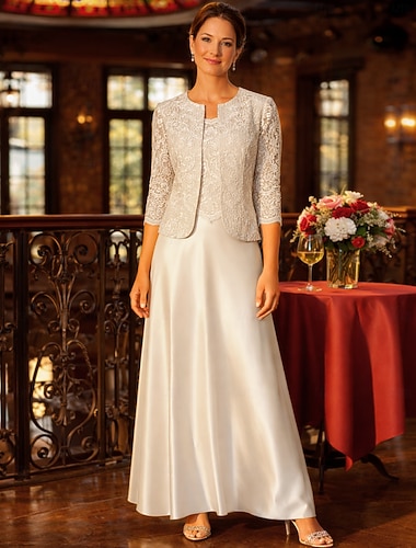  Tuubi 3 -osainen puku Kokopitkä Häävieraspuku Morsiammen äidin asu Hihaton Pitkähihainen Nelikulmainen kaula-aukko Pyöreä Tyylikäs Vintage Yksinkertainen Muodollinen Häävieras Satiini Pitsi Takki