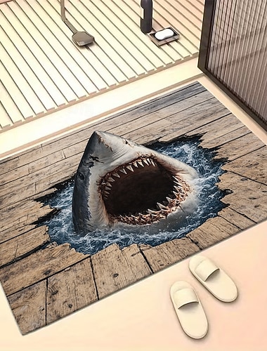  Fußmatte mit 3D-optischer Täuschung: 2D-Flachdruck eines wilden Hais, der durch einen Holzboden bricht – ein Teppich im Ozean-Stil für den Eingangsbereich.