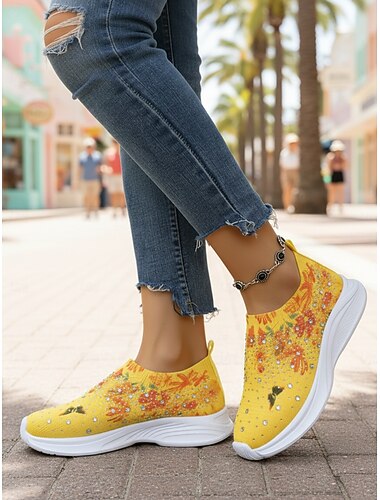  Dames sneakers van Flyknit in geel met vlinderprint - glinsterende instapschoenen met strass-steentjes voor casual reizen, buitenactiviteiten en dagelijks comfort.