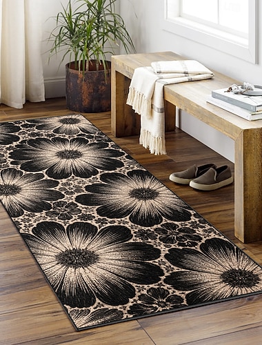  Läuferteppich mit floralem Muster in Schwarz und Beige, strapazierfähig und pflegeleicht, ideal für Flur, Küche oder Eingangsbereich.