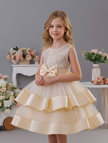  Bloemenmeisjesjurk Voor meisjes Formele kleding Trouwkleding Feest Bruiloft Formeel Prinses Lapwerk Netstof Bloemig Mouwloos V-hals Wit Champagne 4 jaar +