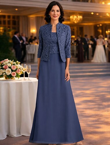  Deux Pièces Ligne A Longueur au sol Robe d'invité de mariage Robe de Mère de Mariée  Manche 3/4 Col carré Élégant robe demoiselle d honneur Fête de fiançailles Chiffon Dentelle avec Dentelle