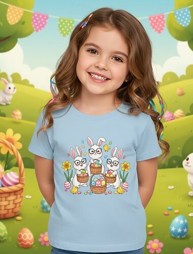  Påsk flickor 3D-grafik kanin-t-shirt kortärmad 3D-tryck sommar vår sport mode streetwear barn 4-12 år rund hals casual daglig utomhus normal passform