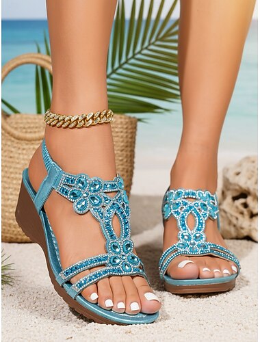  Sandales compensées bohèmes bleu ciel pour femmes, ornées de fleurs en cristal – élégantes sandales à bride en T et strass, idéales pour les vacances à la plage et les séjours exotiques. &voyageurs
