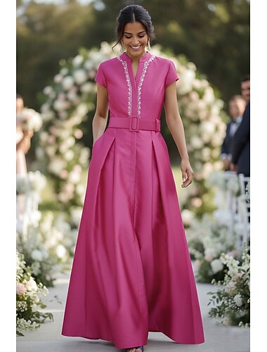  Linea ad A Lunghezza al pavimento Abito in Raso Abito da invitata a nozze Abito Formale Abito da cerimonia per signora Manica Corta Collo Alto Elegante Formale Ospite di nozze Semi-Formale Raso con