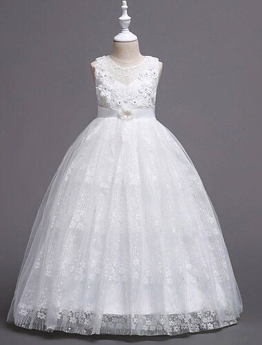  Blomsterpikekjole Jente Formell kjole Bryllupsantrekk Fest Bryllup Formell Mote Bedårende Prinsesse Første nattverdskjole Lapper Netting Helfarge Ermeløs Crew-hals Blå Hvit 4 år +