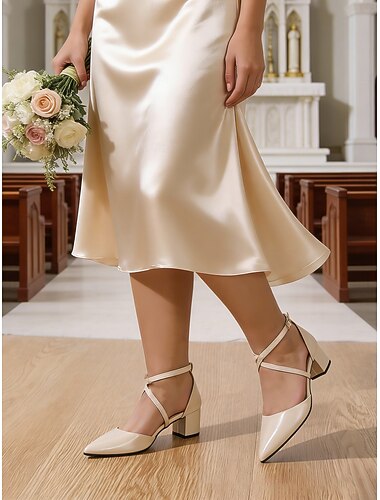  Damesko med elfenbenshvite blokkhæl, elegante brudepikesko med ankelrem til kirkebryllup