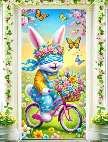  Húsvéti nyuszi ajtótakaró, vidám bekötött szemű nyuszi virágkoronával, biciklivel, pillangókkal és tavaszi dekorációval, tökéletes húsvéti ünnepi ajtó- és kültéri dekorációhoz