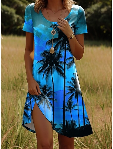  Damen Minikleid T-Shirt-Kleid A Linie Kleid Sommerkleid Lässig Täglich Normale Passform Blumen Grafik Kurzarm Rundhalsausschnitt Blau Gelb Orange Grün Sommer Frühling