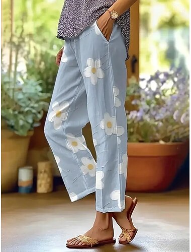  بنطلونات من الكتان مثل للنساء ملائمة للعطلة موضة ستريت وير بطول كامل خصر متوسط التصميم مزهري جيب مرن مريح قابل للتنفس غير مرن للاستخدام اليومي في الهواء الطلق