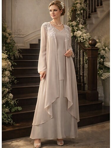  Kaksiosainen Kokopitkä Häävieraspuku Morsiammen äidin asu Pitkähihainen V kaula-aukko Tyylikäs Muodollinen Häävieras Sifonki kanssa Röyhelöity Applikaatiot