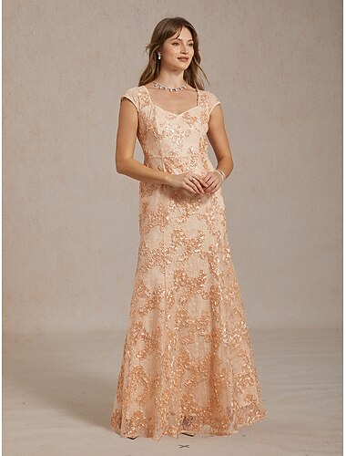  نسائي فستان طويل فستان شيث فستان البوق  حورية البحر أنيق ضيف حفل زفاف حفلة كوكتيل ترتر دانتيل مطرز ورد كم قصير V رقبة شامبانيا