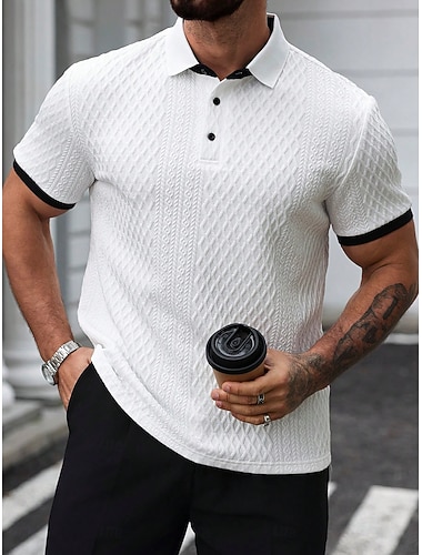  Herren Poloshirts Textur Lässig Geschäft Gerippter Polokragen Klassisch Kurzarm Mode Basic Einfarbig Jacquard Knöpfe Sommer Frühling Frühling & Herbst Normale Passform Weiß Beige Poloshirts