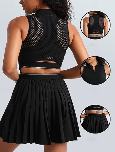  Naisten Yhtenäinen Urheilusetti Tennissetti Hihaton Laskostettu Koverrettu Vetoketju UV suoja Tennis Ulkoliikunta Jooga Tiukka pyöreä kaula-aukko Hameet Verryttelypuku Musta Tennisvaatteet