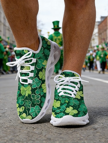  أحذية رياضية رجالية ليوم القديس باتريك - بنقشة نبات النفل الأخضر، تصميم رياضي مريح للمسيرات والحفلات والاحتفالات