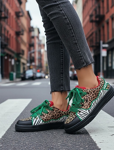  sneakers da donna con stampa leopardata al neon - sneakers con plateau color-block audaci e strisce zebrate - scarpe streetwear artistiche uniche per i festival urbani