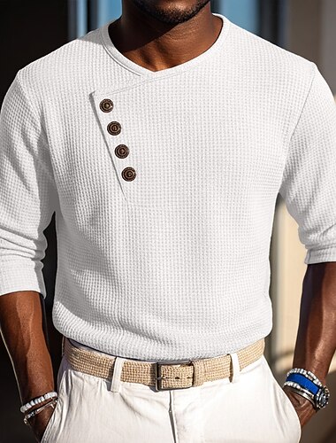  Herren Hemd Waffelhemd Kleidhemd Freizeithemd Abschlussballhemd Schwarz Weiß Marineblau Purpur Langarm Einfarbig Einfach Asymmetrisch V Ausschnitt Lässig Hochzeit Bekleidung Elegant Mode Geschäftlich