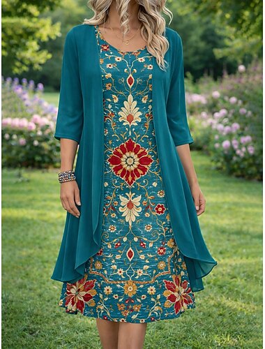  Damen Kleid-Set A Linie Kleid Urlaub Lässig Blumen Grafik Geschichtet Druck Minikleid Halbarm Rundhalsausschnitt Täglich Blau Weiß Rote Sommer Frühling Normale Passform