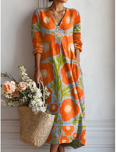  Maxikleid Damen Leinenartig Atmungsaktiv Leicht Sommerkleid Shift Kleid Freizeitparty Urlaub Reguläre Passform Floral Grafik Lange Ärmel V-Ausschnitt Blau Gelb Rot Orange Sommer Frühling