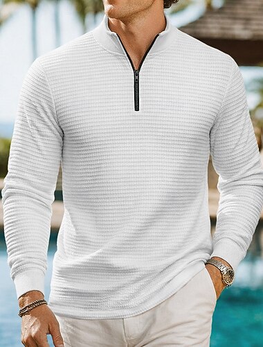  Per uomo Magliette Polo a Nido d'Ape Testurizzato Casuale Sport & Outdoor Senza colletto Manica Lunga Moda Confortevole Semplice Con zip Primavera Primavera & Autunno Vestibilità regolare Blu Nero