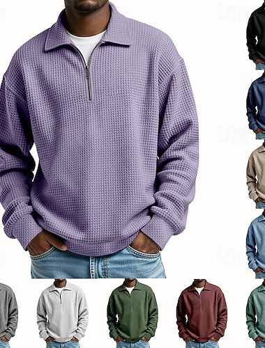  Herren Sweatshirt Waffel-Sweatshirt Pullover Viertelreißverschluss Sweatshirt Aprikose Schwarz Weiß Hellgrün Burgunderrot Stehkragen Einfach Kängurutasche Strukturiert Lässig Täglich Sport & Outdoor