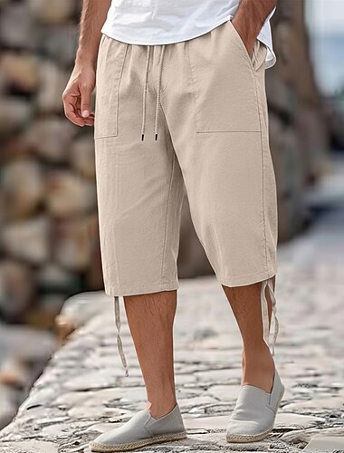  Herren Hose aus Baumwollleinen Caprihose Sommerhose Strandshorts Kordelzug Elastischer Bund Fronttasche Einfarbig Komfort Knielang Lässig Täglich Outdoor Urlaub Stilvoll Blau Schwarz Unelastisch