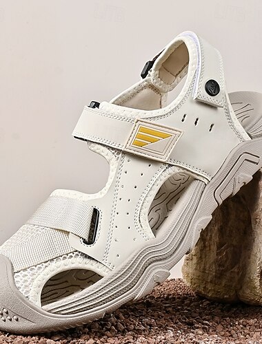  sandali bianchi da uomo per esterni, cinturini regolabili con velcro, suola ammortizzante, stile pratico e confortevole per viaggi e uso quotidiano