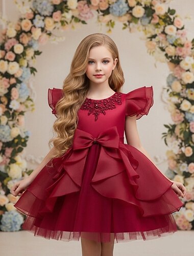  Flower Girl Dress Girls' Formal Dress Wedding Attire Party Wedding Formal Fashion Adorable Princess First Communion Dress Patchwork Mesh Solid Color Short Sleeves Crew Neck Wine Red White 4 years+
