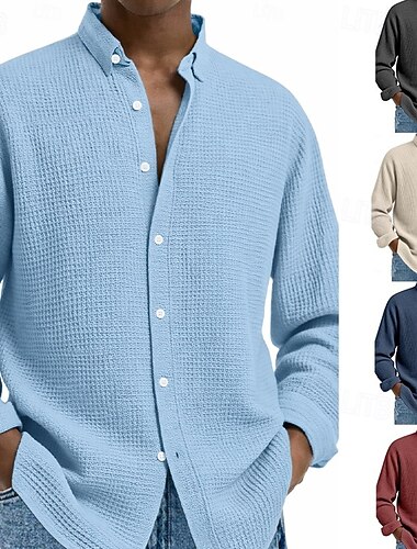  Herren Hemd Waffelhemd Freizeithemd Knopfhemd Schwarz Weiß Wein Marineblau Blau Langarm Einfach Revers Lässig Täglich Bekleidung Mode Streetwear
