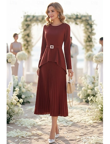  A-linje Te-lengde Cocktail Kjole Gjestekjole til bryllup Gjestekjoler til bryllup Elegant Årgang Daglig Langermet Crew-hals Hage fest Bryllup med Perler Plissert Med stropper