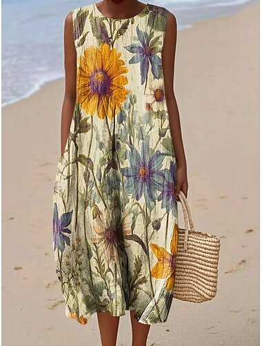  Dames Midi Jurk Linnenachtig Zomerjurk Shift Jurk A-Lijn Jurk Vakantie Casual Boho Strand Feest Uitgaan Losse Pasvorm Floral Grafisch Mouwloos Ronde Hals Lichtgeel Roze Zomer Lente