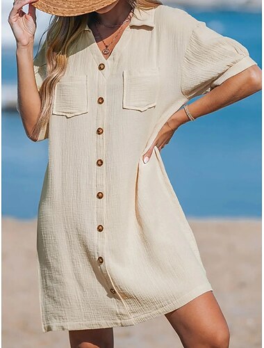  Damen Minikleid Strandkleid Hemdblusenkleid Überwurf Elegant Vintage Mode Täglich Outdoor Strand Normale Passform Einfach Kurzarm Hemdkragen Aprikose Sommer Frühling