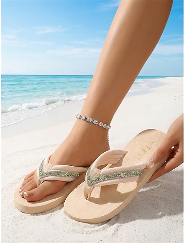  Tongs à strass scintillantes pour femmes - élégantes sandales beiges à entre-doigts ornées de cristaux, confortables sandales compensées pour la plage, idéales pour les vacances d'été et la détente au