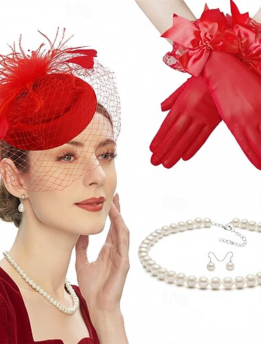  Hansker Halskjede Fascinator-hatt Gentlewoman Fjær Kostyme Dame Maskerade Ascot Hesteveddeløpsfestival Voksne Hodeplagg Alle årstider