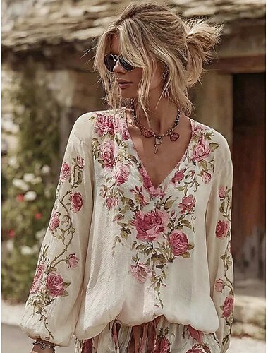  Womens Blouse Pellavainen Hengittävä Kevyt Kukallinen Graafinen Elegantti Bohemia Vintage Pitkät Hihat V-Pääntiellä Pitkät Paidat Päivittäinen Lomapatchwork Napit Printti Valkoinen Kesä Kevät