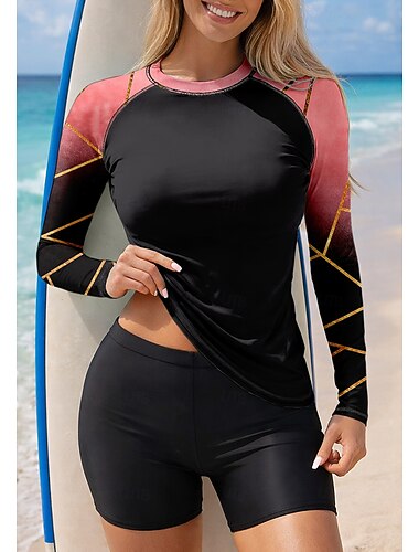 Damskie Strój kąpielowy Rashguard Docieplacze Stroje kąpielowe Tankini Gradient Pasek 2-częściowa Wyjmowane wkładki Boyleg Ochrona przeciwsłoneczna UV UPF50+ Ochrona UV Długi rękaw Kąpielówki