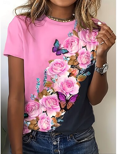  Dames T-shirt Afdrukken Bloemig Grafisch Planten Vintage Stijlvol Klassiek Korte mouw Strakke ronde hals Ronde hals Normale tops Dagelijks Wit / blauw Blozend Roze Groen Zomer Lente Herfst