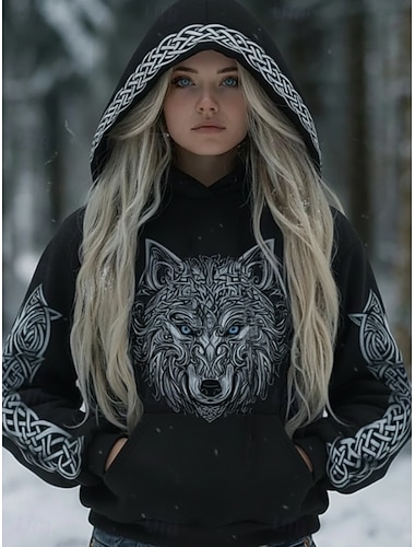  Dame Pullover hettegenser-genser Lapper Trykt mønster Lomme foran Grafisk Dyr Årgang Fritid Bohem Langermet Med hette Vanlige topper Avslappet Gate Hverdag Svart Vinter