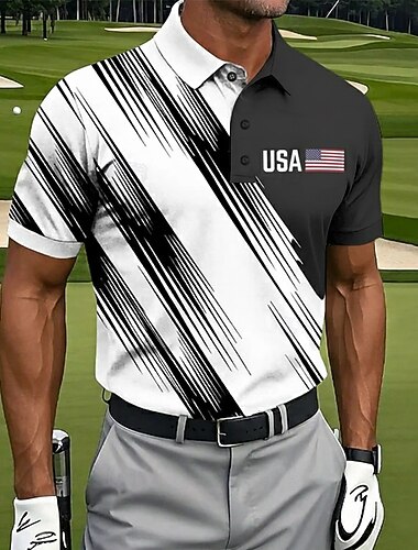 4. Juli 2026 250. Herren Amerikanische US-Flagge Golf Sport-Poloshirts Kurzarm Polo-Shirts Hemden mit Kragen Lässig Athleisure Festival-Outfit Knöpfe Frühling & Sommer Schwarz