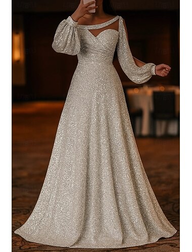  גזרת A שובל סוויפ בראש עד הריצפה שמלות נשף שמלות ערב שמלת נשף לבוש רשמי אלגנטית נוצץ סגנון של מפורסמים שרוול ארוך לב (סוויטהארט) מסיבת חצר חתונה ג'רסי עם אסוף