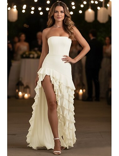  Szűk szabású Földig érő Fehér ruha Kis fehér ruha Elegáns Nyitott hátrész Ujjatlan Pánt nélküli Estély Esküvő Sifon Hát nélküli val vel Fodrozott Hasított ruha